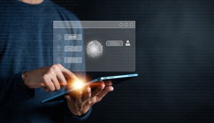 Businessman using chatbot in tablet intelligence Ai. Chat with AI Artificial Intelligence, developed by OpenAI generate. Futuristic technology, robot in online system.