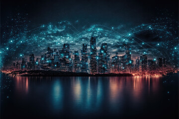 Fototapeta na wymiar a modern wireless networked big city at night and water. future. Generative AI