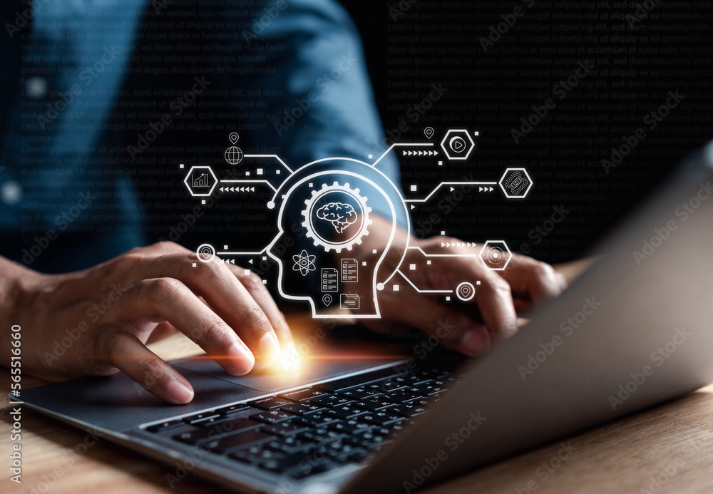 Fototapete Chat with AI Artificial Intelligence. Businessman using  chatbot in computer smart intelligence Ai, artificial intelligence developed by OpenAI. Futuristic technology, robot in online system.