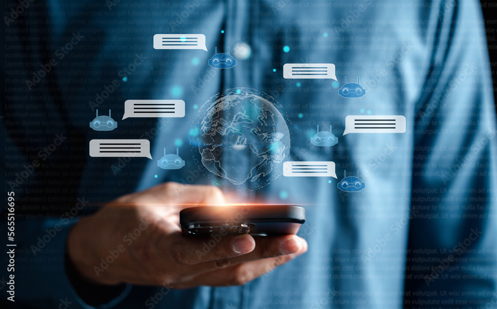 Aufkleber Businessman using chatbot in smartphone intelligence Ai. Chat with AI Artificial Intelligence, developed by OpenAI generate. Futuristic technology, robot in online system.