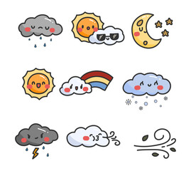 Hand-drawn cute weather elements. Meteorology symbols