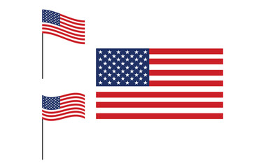 USA American Flag set, isolated on white background, vector illustration.