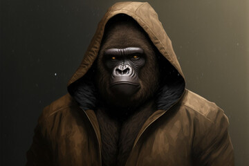 Angry Gorilla standing in the rain with a brown jacket