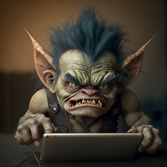 Generative AI illustration of concept image for online internet trolling of troll using laptop - obrazy, fototapety, plakaty