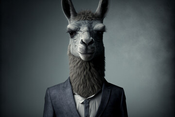 Llama posing in a suit and tie for business