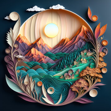 Generative AI illustration of paper art carft quilling mountain landscape in pastel colors and beautiful layers of color at sunset