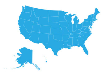 usa map. High detailed blue map of usa on PNG transparent background.