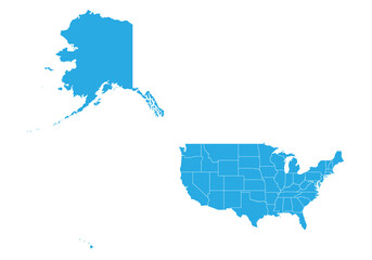 usa Mercator map. High detailed blue map of usa  on PNG transparent background.