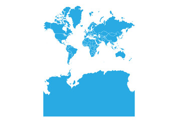 world With Antarctica map. High detailed blue map of Antarctica  on PNG transparent background.