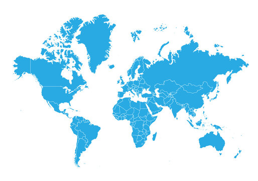 world map. High detailed blue map of world on PNG transparent background.