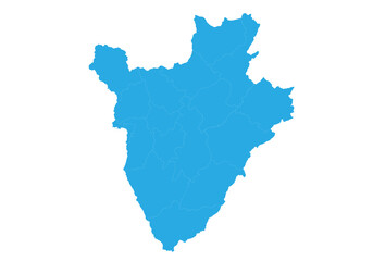 burundi map. High detailed blue map of burundi on PNG transparent background.