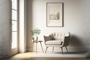a living room with a couch, chair, table and a picture frame made by generative ai