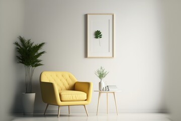 a living room with a couch, chair, table and a picture frame made by generative ai