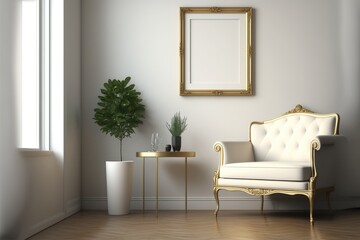 a living room with a couch, chair, table and a picture frame made by generative ai