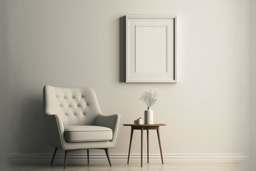 a living room with a couch, chair, table and a picture frame made by generative ai