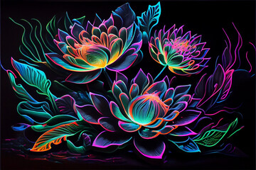Illuminated lotus flower on black background