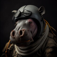 A  portrait of a soldier hippo with helmet. Generative AI