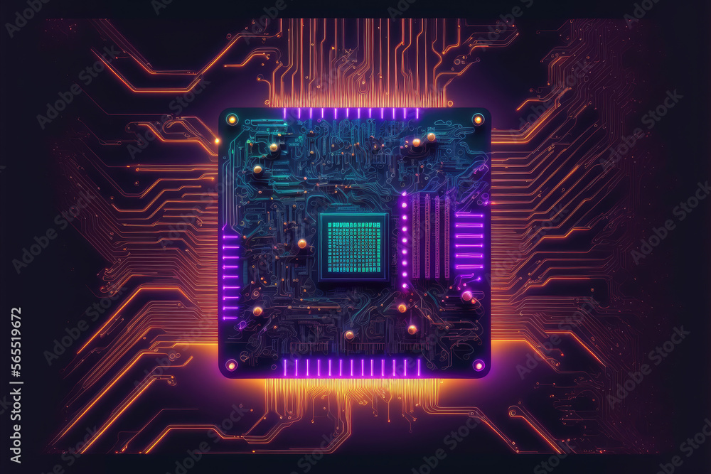 Aufkleber computer microchip semiconductor on motherboard futuristic cyber neon lighting. peculiar ai generati