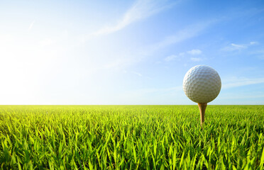 Golf ball on tee with blue sky background.