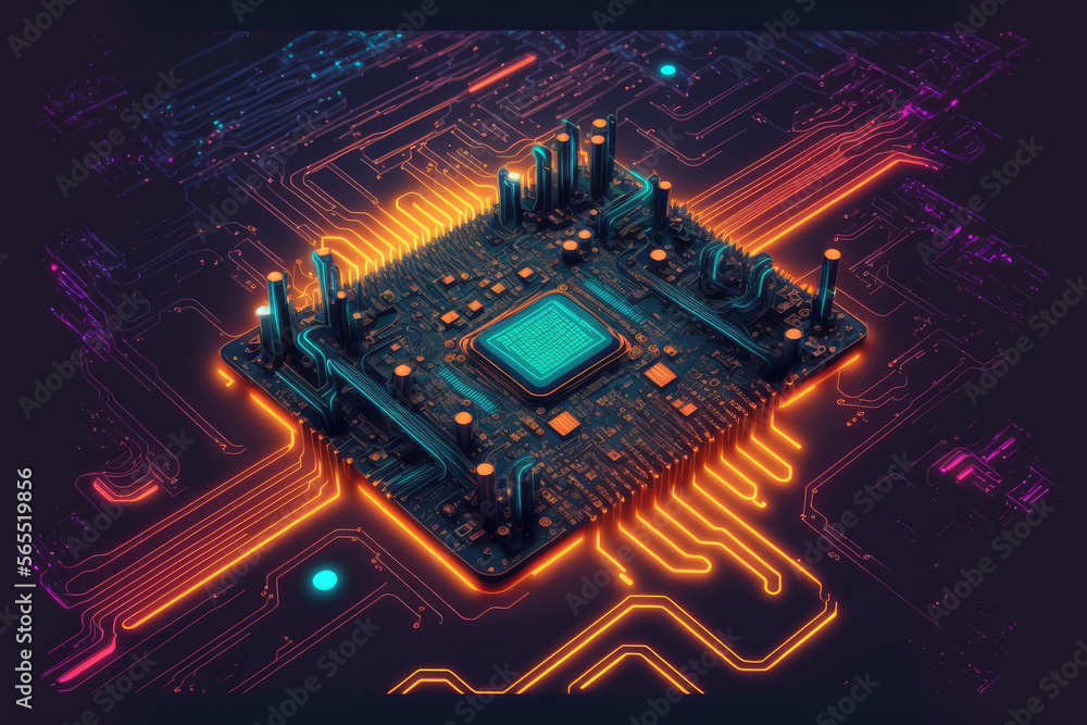 Poster computer microchip semiconductor on motherboard futuristic cyber neon lighting. peculiar ai generati