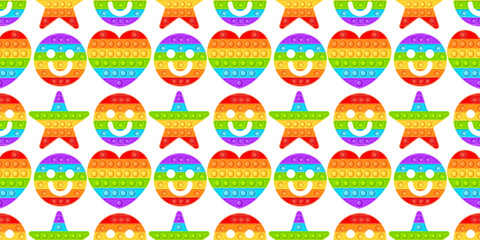 Tile seamless background with popit fidget toy.Naive pop it sensory toy.Fun background with 3d realistic antistress fidgeting toy.Vector wallpaper, backdrop with rainbow bubble pop it fidget.