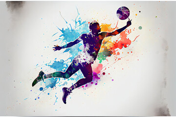 Fototapeta na wymiar Abstract handball player jumping with the ball from splash of watercolors