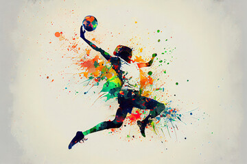 Abstract handball player jumping with the ball from splash of watercolors - obrazy, fototapety, plakaty