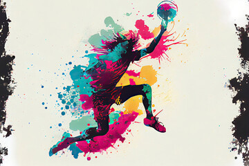 Obraz na płótnie Canvas Abstract handball player jumping with the ball from splash of watercolors