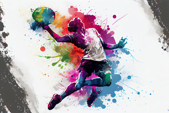 Abstract handball player jumping with the ball from splash of watercolors