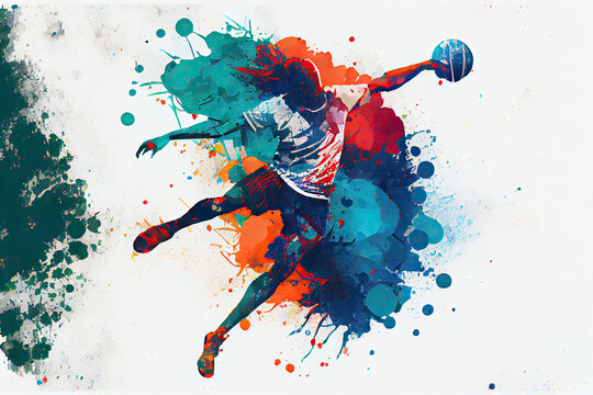 Abstract handball player jumping with the ball from splash of watercolors