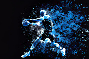 Fototapeta premium Abstract silhouette of a basketball player man in action isolated blue background