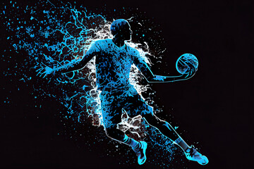 Abstract silhouette of a basketball player man in action isolated blue background