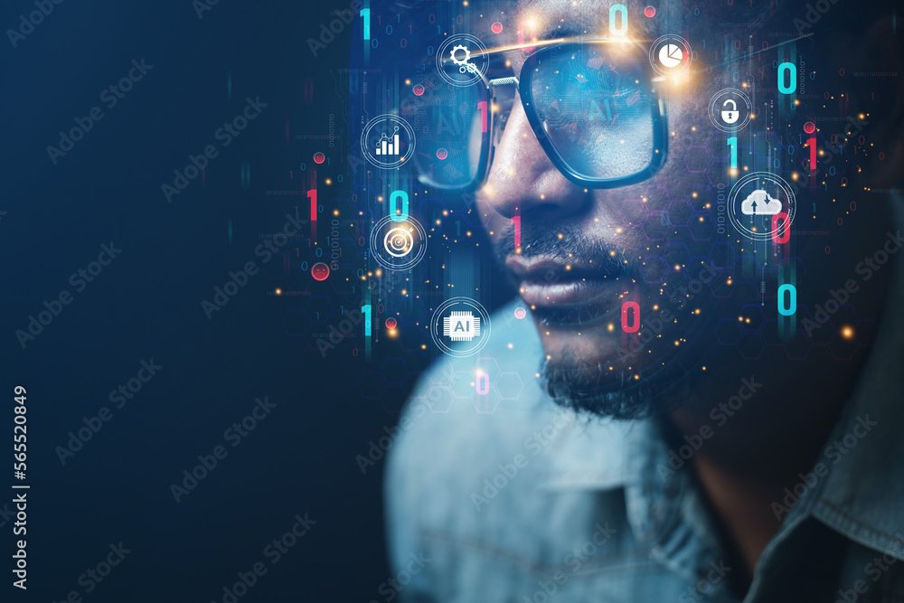 Aufkleber data protection concept businessman wearing virtual reality glasses reflects the future technologica