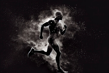 Abstract silhouette of a running athlete man on the dark, black background