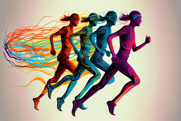 Fototapeta na wymiar Running people, composed of colored lines