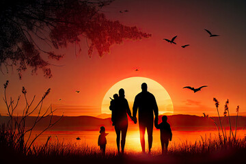 Happy family at sunset