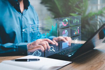 Smart digital marketing data management concept, Businessman use the laptop to work marketing...
