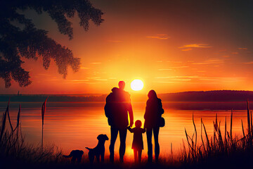 Obraz premium Happy family at sunset