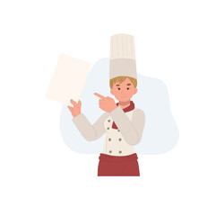 woman Chef with recommended menu,index finger pointing. Flat vector illustration