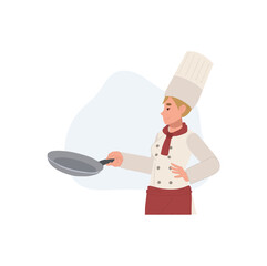 Confident chef woman holding pan is cooking food. Flat vector illustration