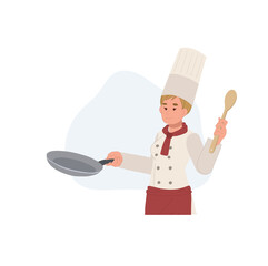 Naklejka premium Confident chef woman holding pan is cooking food. Flat vector illustration