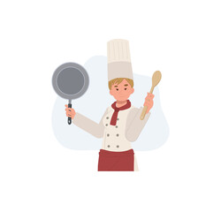 Naklejka premium Confident chef woman holding pan is cooking food. Flat vector illustration
