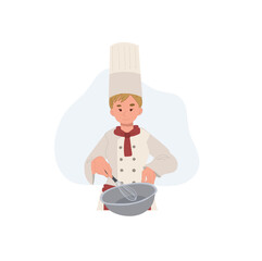 Woman chef cooking whipping or mixing food in a bowl. Flat vector illustration