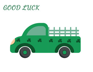 car with clover silhouettes, green color with good luck inscription