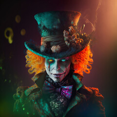 Blacklight neon abstract Mad Hatter female character. Created using ai generative. 
