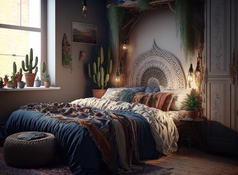 Fototapeta visualization of bedroom in Bohemian styl, generative ai 