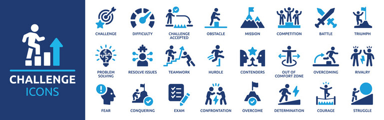 Challenge icon set. Containing mission, competition, obstacle, battle, problem solving, teamwork, overcoming and triumph icons. Solid icon collection. - obrazy, fototapety, plakaty