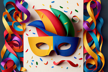 Birthday card with colorful curling ribbons, carnival mask
