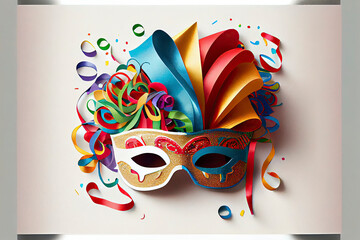 Birthday card with colorful curling ribbons, carnival mask