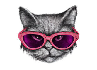 Cat in pink sunglasses on an isolated white background. pencil drawing style. Generative AI
